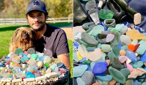 These images show retired Army Vet Kyle Davis and his dog Little Coconut next to the rare sea glass that they have found on their adventures.