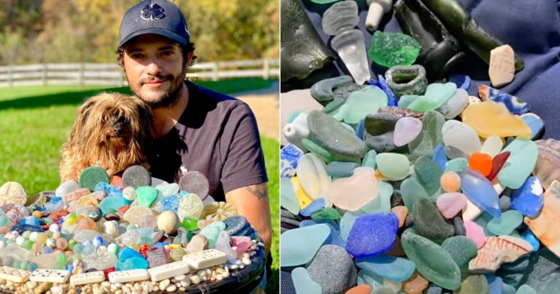 These images show retired Army Vet Kyle Davis and his dog Little Coconut next to the rare sea glass that they have found on their adventures.