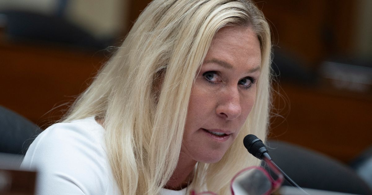 Rep. Marjorie Taylor Greene questions then-Secret Service Director Kimberly Cheatle during a House Oversight Committee hearing examining potential security failures surrounding the attempted assassination on former President Donald Trump, on Capitol Hill in Washington, D.C., on July 22.