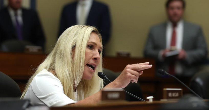 Rep. Marjorie Taylor Greene questions Secret Service Director Kimberly Cheatle as she testifies before the House Oversight and Accountability Committee in Washington, D.C., on Monday.