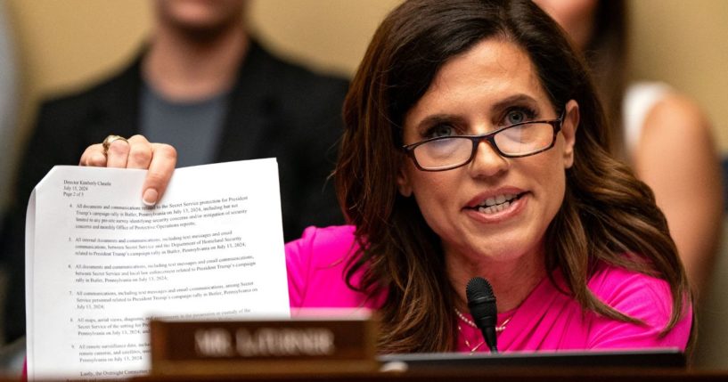 Republican Rep. Nancy Mace of South Carolina holds up paper as she questions Secret Service Director Kimberly Cheatle during a House Oversight and Accountability Committee hearing at the Rayburn House Office Building in Washington on Monday.