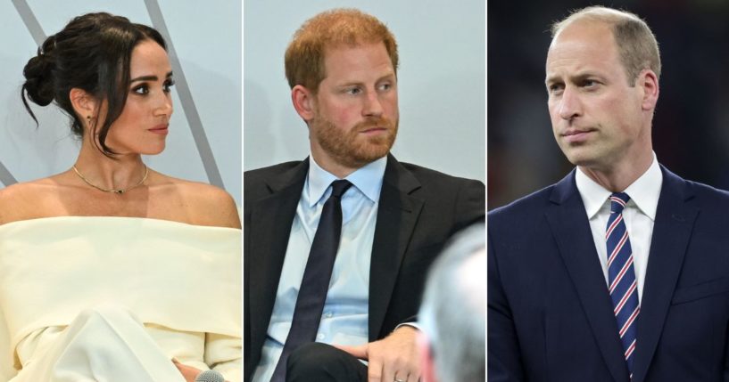 Meghan, Duchess of Sussex, left, and Prince Harry, Duke of Sussex, center, are no doubt looking forward to the inheritance Harry and his brother Prince William, right, are due to receive as inheritance from their great-grandmother, Queen Mother Elizabeth.