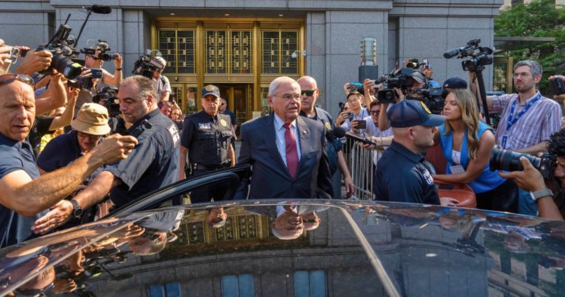 Democratic Sen. Bob Menendez leaves Manhattan federal court in New York on Monday.