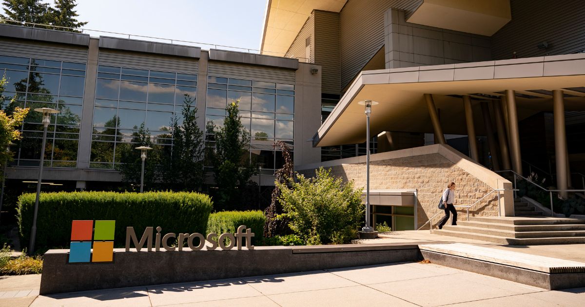 A sign is seen at the Microsoft headquarters in Redmond, Washington, on July 3.