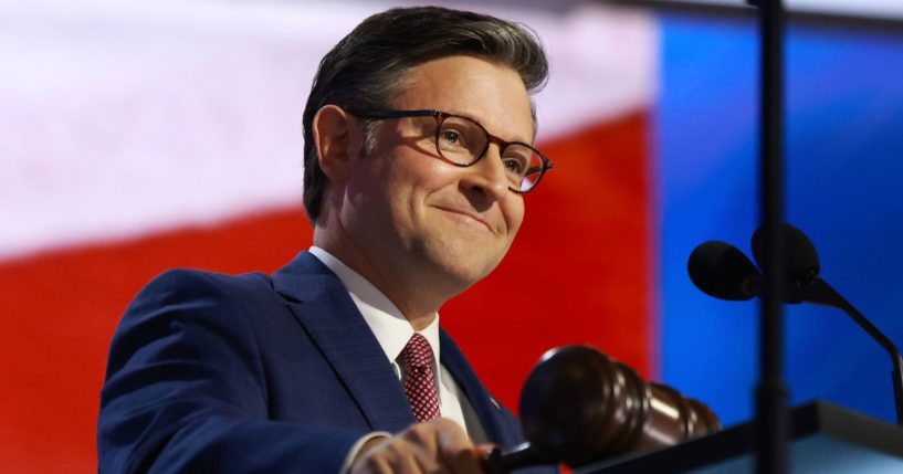 Speaker of the House Mike Johnson speaks on the first day of the Republican National Convention in Milwaukee, Wisconsin, on Monday.