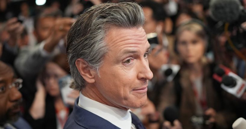 California Gov. Gavin Newsom speaks to reporters in the spin room following the CNN Presidential Debate between President Joe Biden and former President Donald Trump at the McCamish Pavilion on the Georgia Institute of Technology campus in Atlanta on June 27.