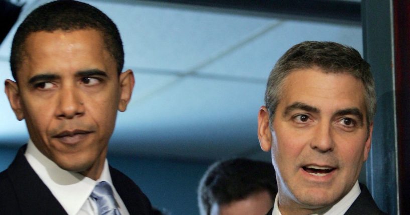 Then-Sen. Barack Obama and George Clooney arrive for the National Press Club Newsmaker's Program in Washington, D.C., on April 27, 2006.