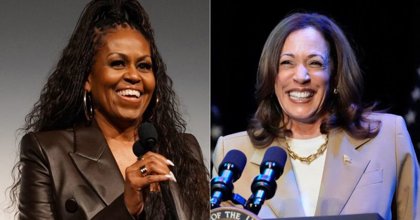 Michelle Obama, left, dropped a campaign ad for Vice President Kamala Harris, right, filled with leftist celebrities.