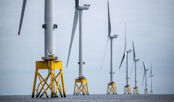 Wind turbines at the Seagreen Offshore Wind Farm are under construction in the North Sea on June 8, 2023.