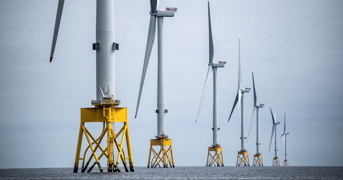 Wind turbines at the Seagreen Offshore Wind Farm are under construction in the North Sea on June 8, 2023.