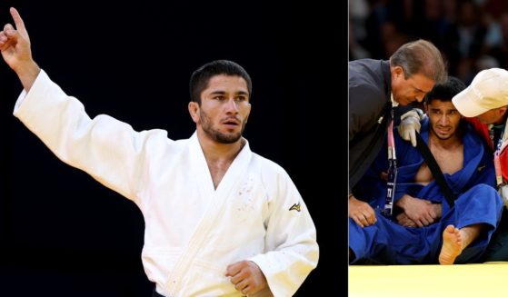 Nurali Emomali of Tajikistan defeated an Israeli opponent during the Olympics on July 28 and taunted him, left. However, he suffered an injury in his next match later that day, requiring medical attention, right.