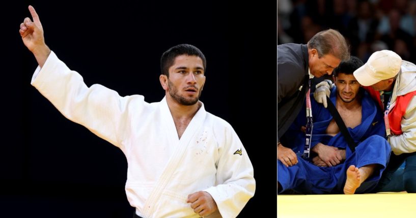 Nurali Emomali of Tajikistan defeated an Israeli opponent during the Olympics on July 28 and taunted him, left. However, he suffered an injury in his next match later that day, requiring medical attention, right.