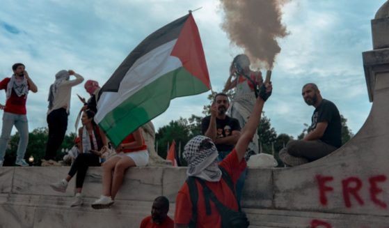 A pro-Palestinian protester waves the Palestine flag outside of the U.S. Capitol in Washington, D.C., on Wednesday.