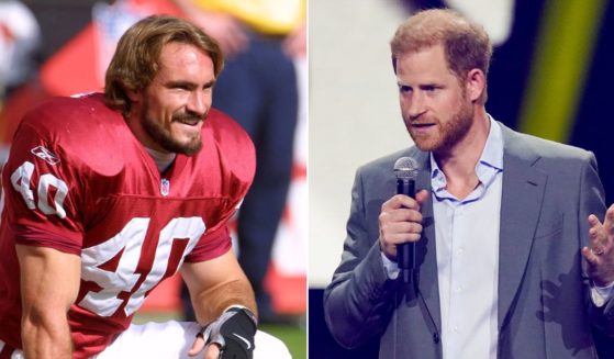 At left, Arizona Cardinals defensive back Pat Tillman smiles before a game in 2000. At right, Prince Harry, Duke of Sussex, speaks during the opening ceremony of the Invictus Games at the Merkur Spiel-Arena in Dusseldorf, Germany, on Sept. 9, 2023.