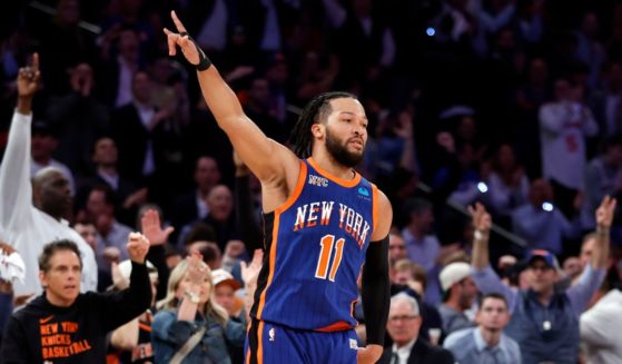 Jalen Brunson #11 of the New York Knicks reacts during Game Five of the Eastern Conference Second Round Playoffs against the Indiana Pacers at Madison Square Garden.