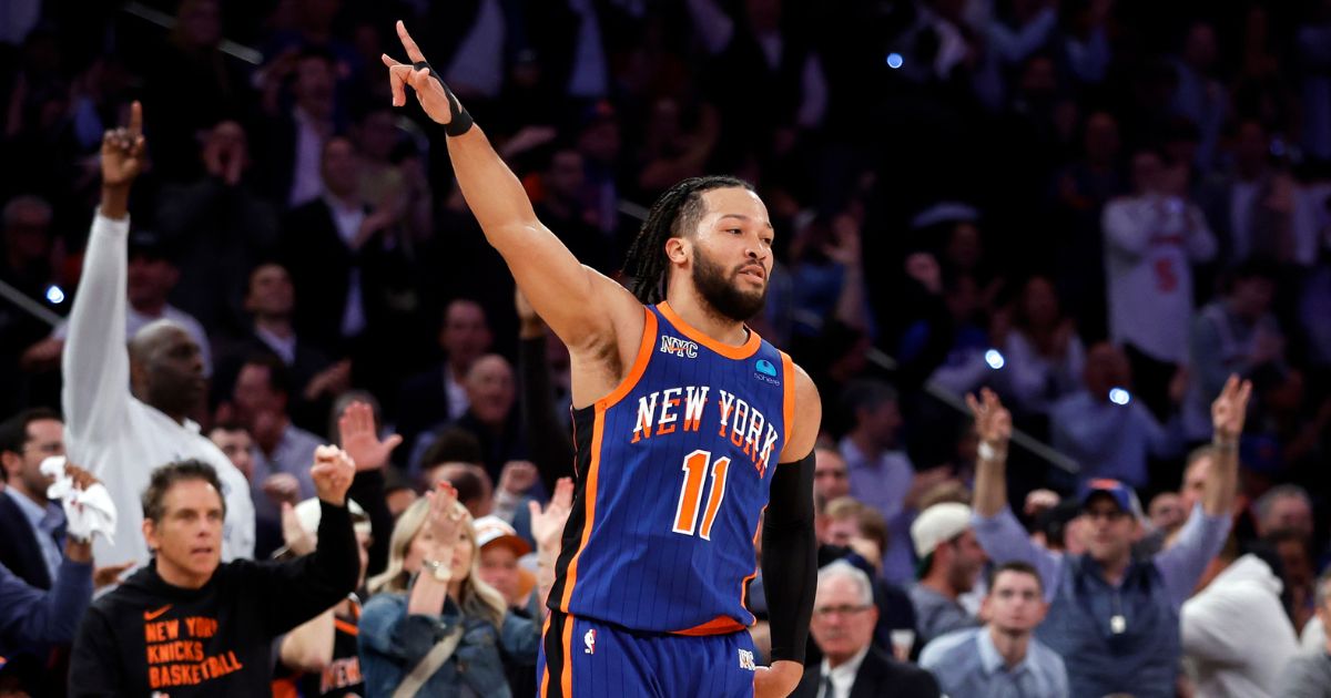 Jalen Brunson #11 of the New York Knicks reacts during Game Five of the Eastern Conference Second Round Playoffs against the Indiana Pacers at Madison Square Garden.