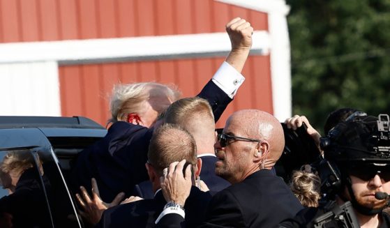 Republican presidential candidate former President Donald Trump pumps his fist as he is rushed into a car at a rally on July 13, 2024 in Butler, Pennsylvania.