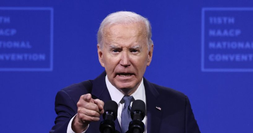 President Joe Biden speaks at the 115th NAACP National Convention at the Mandalay Bay Convention Center on July 16, 2024 in Las Vegas, Nevada.