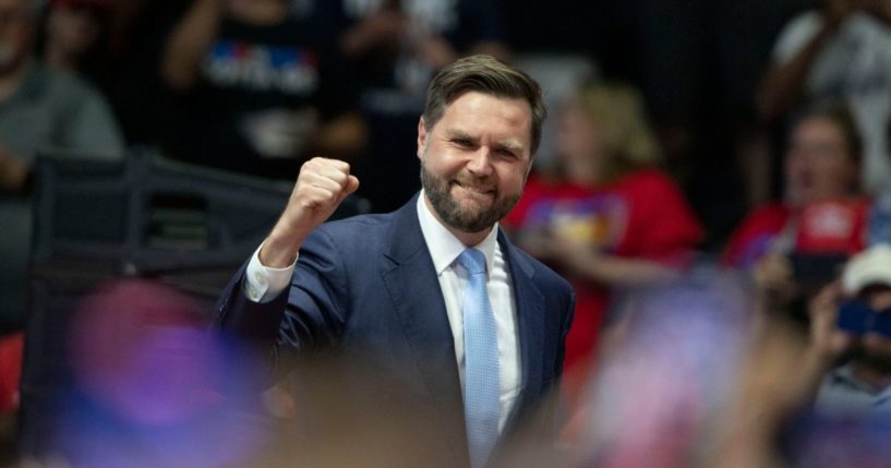 Republican vice presidential nominee U.S. Sen. J.D. Vance (R-OH) pumps his fist at the first public rally with his running mate, former U.S. President Donald Trump.