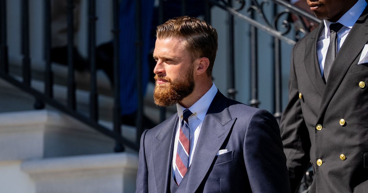 NFL Super Bowl champion Kansas City Chiefs team kicker Harrison Butker joins his teammates for a celebration on the South Lawn of the White House.