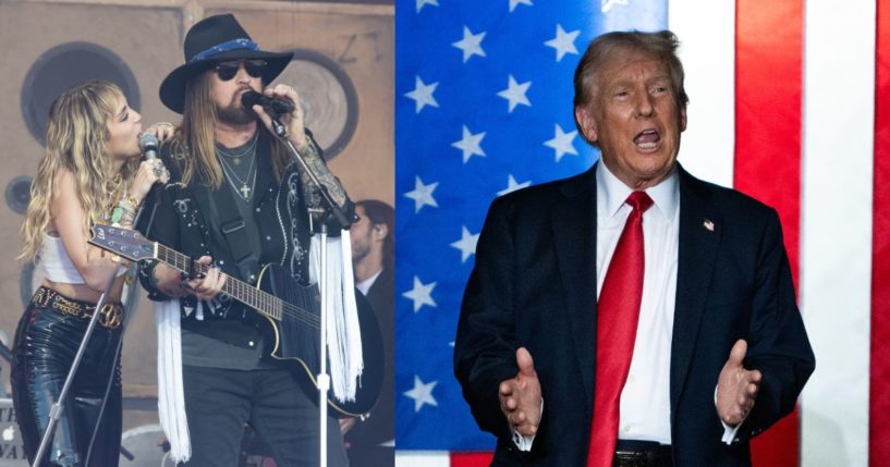 A composite image of former President Donald Trump, and musicians Billy Ray Cyrus and Miley Cyrus.