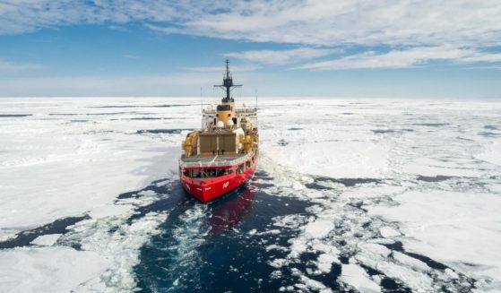 The Coast Guard Cutter Polar Star transits through pack ice in the Southern Ocean on Dec. 28, 2022.