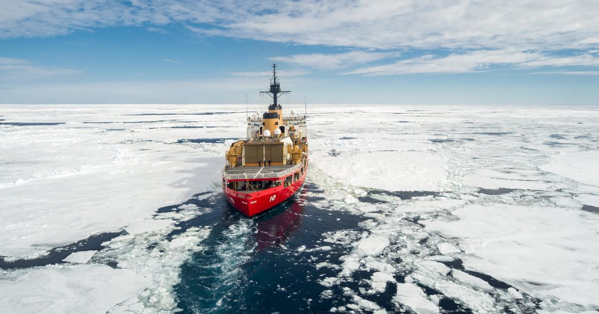 The Coast Guard Cutter Polar Star transits through pack ice in the Southern Ocean on Dec. 28, 2022.