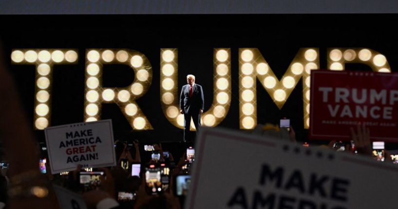 Former President Donald Trump arrives onstage to speak during the last day of the 2024 Republican National Convention in Milwaukee, Wisconsin, on Thursday.