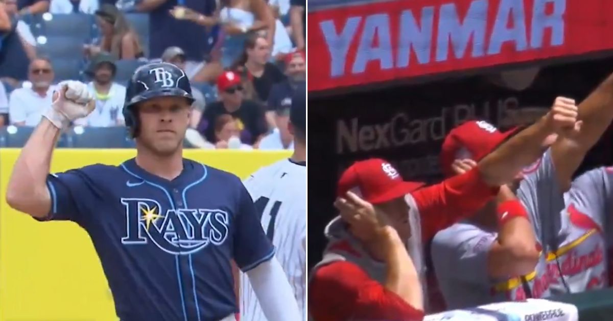 MLB players on the Rays, left, and Cardinals, right, seemed to be drawing upon former President Donald Trump's reaction to being shot in their celebrations on Sunday.