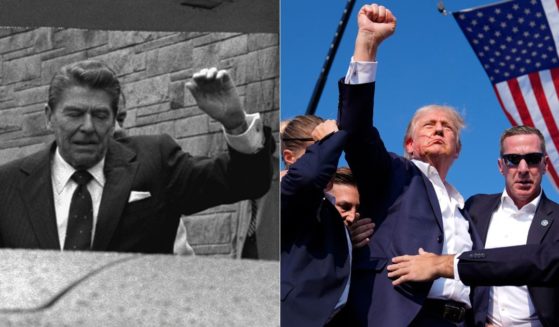 Then-President Ronald Reagan winces and raises his left arm as he was shot by an assailant as he left a Washington hotel on March 30, 1981. Former President Donald Trump raises his hand to the crowd after an assassination attempt at a rally in Butler, Pennsylvania, on Saturday.