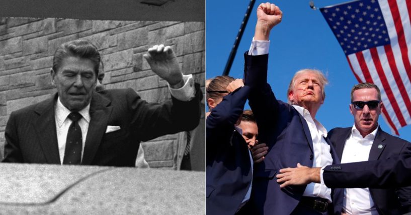 Then-President Ronald Reagan winces and raises his left arm as he was shot by an assailant as he left a Washington hotel on March 30, 1981. Former President Donald Trump raises his hand to the crowd after an assassination attempt at a rally in Butler, Pennsylvania, on Saturday.