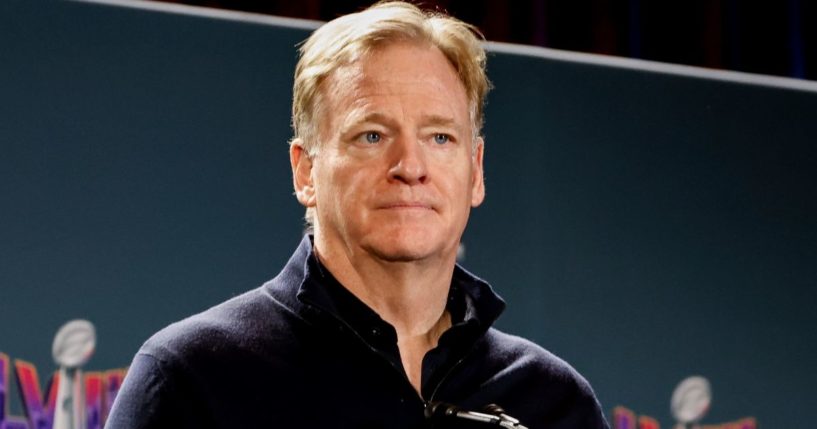 NFL Commissioner Roger Goodell addresses the media during the Super Bowl Winning Team Head Coach and MVP Press Conference in Las Vegas, Nevada, on Feb. 12.