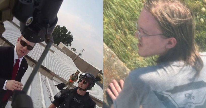 At left, local authorities talk to a Secret Service agent on the roof in Butler, Pennsylvania, from which Thomas Crooks, right, tried to assassinate former President Donald Trump on July 13.