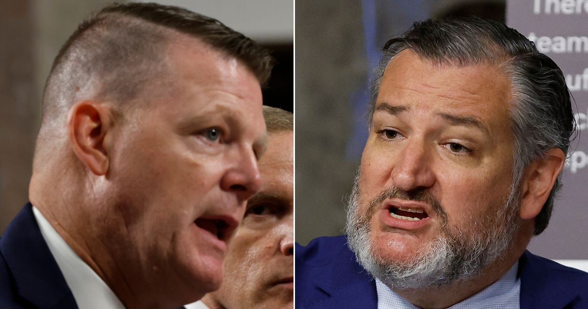 GOP Sen. Ted Cruz of Texas, right, questions acting U.S. Secret Service Director Ronald Rowe Jr. during a joint hearing of the Senate Judiciary and Homeland Security and Government Affairs committees Tuesday in Washington, DC. Senators grilled the law enforcement officials about the events leading to the July 13 attempted assassination of former U.S. President Donald Trump, days before he accepted the Republican presidential nomination for the third time.