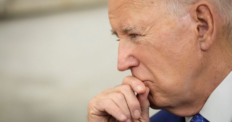 President Joe Biden looks on during a meeting in the Oval Office of the White House in Washington on July 5, 2023.