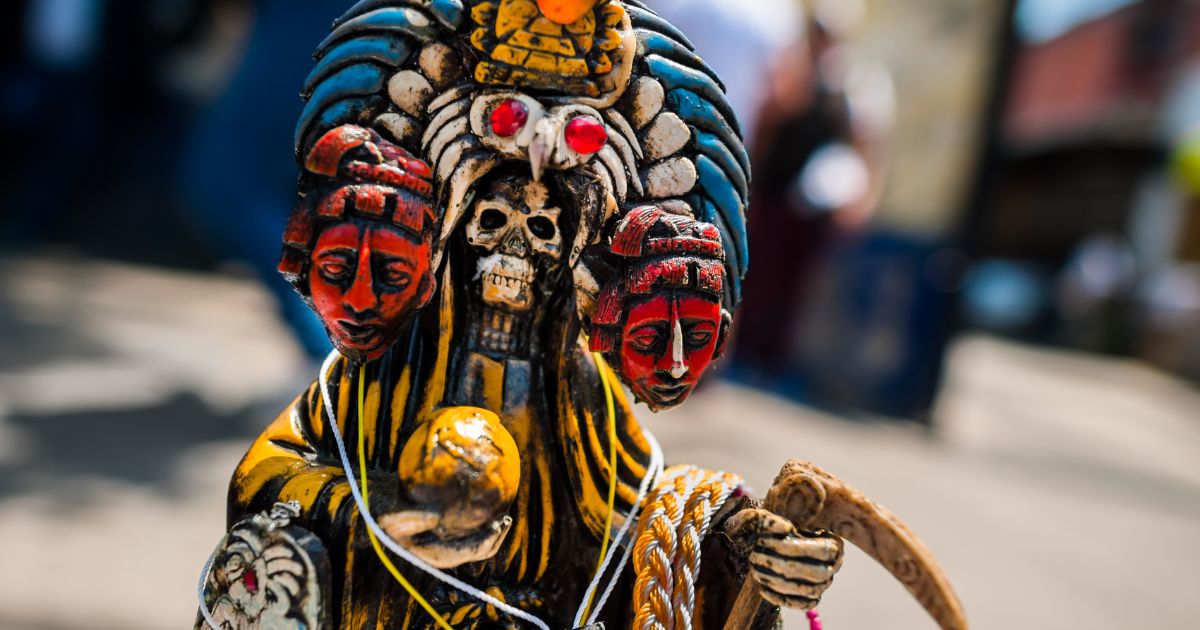 A Santa Muerte figurine with Aztec culture features is pictured during a religious ceremony on in Tepito, Mexico City, Mexico, on April 1, 2018.