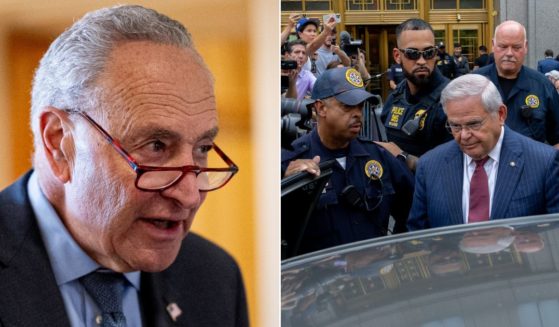 Senate Majority Leader Chuck Schumer, left, had strong words about fellow Democratic Sen. Bob Menendez, shown at right leaving Manhattan federal court in New York on Tuesday.