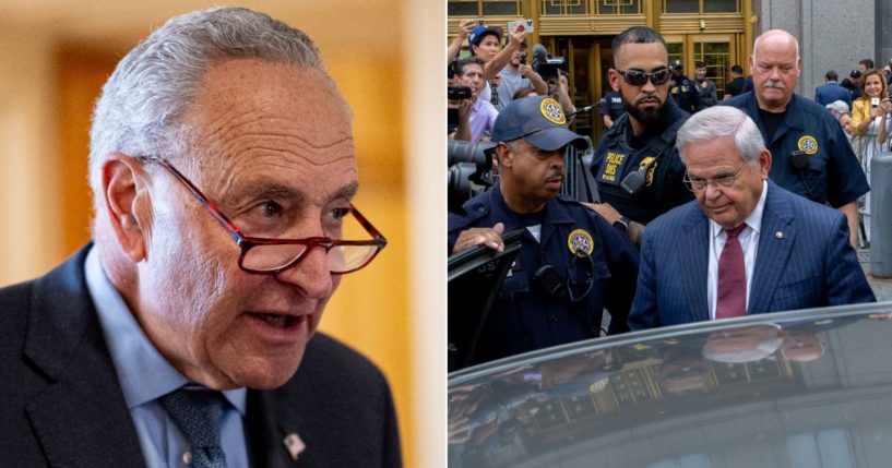 Senate Majority Leader Chuck Schumer, left, had strong words about fellow Democratic Sen. Bob Menendez, shown at right leaving Manhattan federal court in New York on Tuesday.