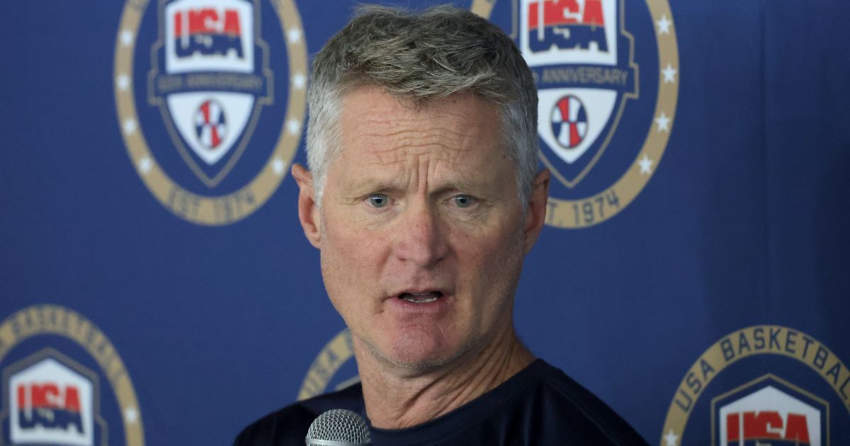 Head coach Steve Kerr of the 2024 USA Basketball Men's National Team talks to members of the media after a practice session in Las Vegas, Nevada, on July 7.