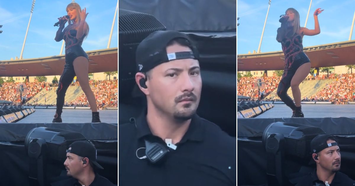 A bodyguard keeps an eye out during Taylor Swift's concert in Zurich on July 10.