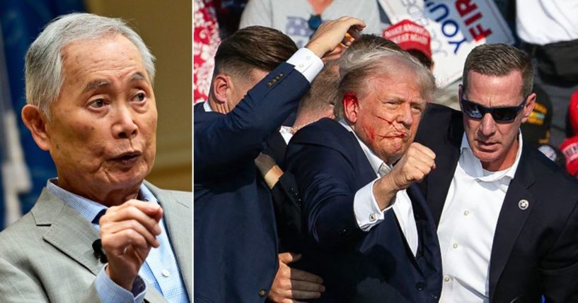 At left, George Takei discusses his picture book "My Lost Freedom" at the Library of Congress in Washington on May 11. At right, Republican candidate and former President Donald Trump is seen with blood on his face after an assassination attempt at Butler Farm Show Inc. in Butler, Pennsylvania, on Saturday.