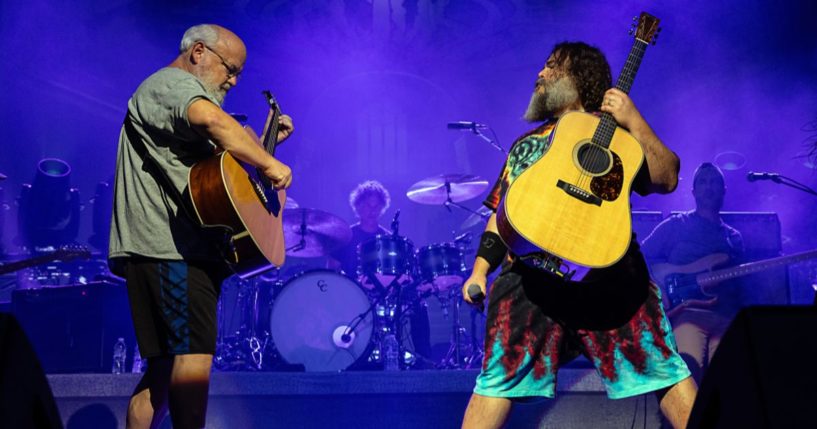 Kyle Gass, left, and Jack Black of Tenacious D perform at PNC Music Pavilion in Charlotte, North Carolina, on Sept. 6, 2023.