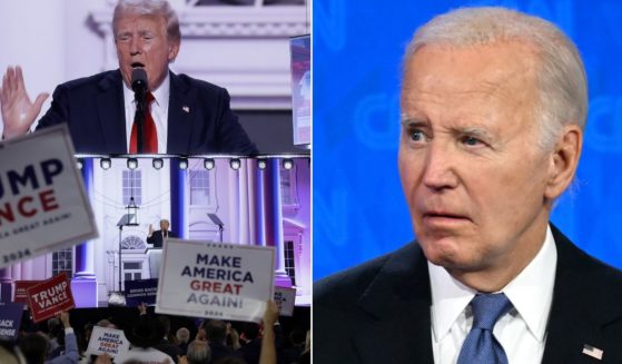 At left, former President Donald Trump speaks after officially accepting the Republican presidential nomination on stage on the fourth day of the Republican National Convention at the Fiserv Forum in Milwaukee on Thursday. At right, President Joe Biden looks on during the first presidential debate of 2024 with former President Donald Trump at CNN's studios in Atlanta on June 27.