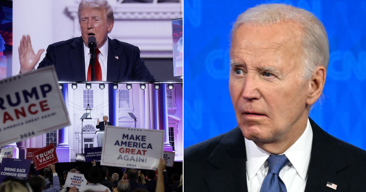 At left, former President Donald Trump speaks after officially accepting the Republican presidential nomination on stage on the fourth day of the Republican National Convention at the Fiserv Forum in Milwaukee on Thursday. At right, President Joe Biden looks on during the first presidential debate of 2024 with former President Donald Trump at CNN's studios in Atlanta on June 27.