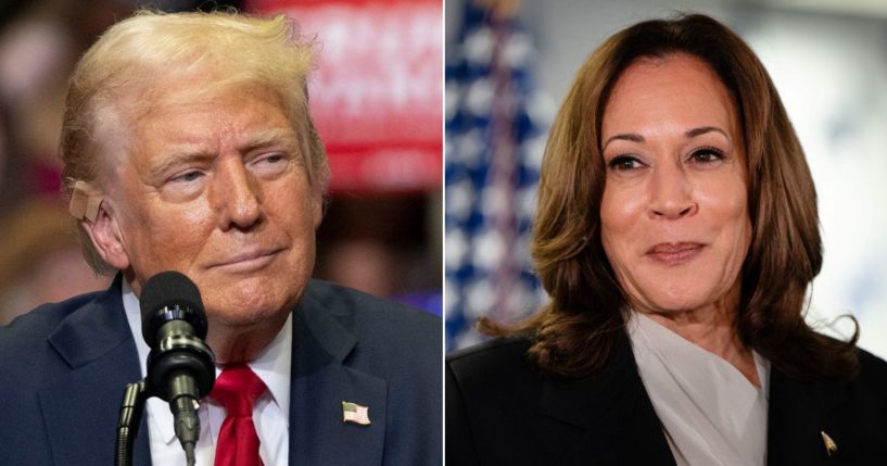 At left, Republican presidential nominee and former President Donald Trump holds a campaign rally at the Van Andel Arena in Grand Rapids, Michigan, on July 20. At right, Vice President Kamala Harris speaks at her presidential campaign headquarters in Wilmington, Delaware, on July 22.