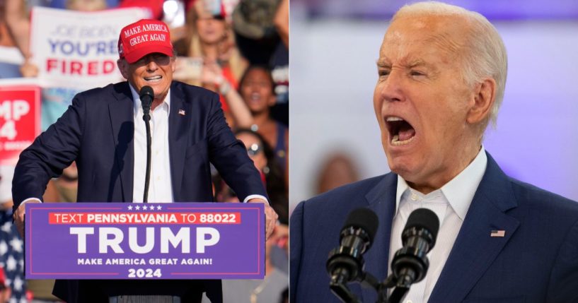 The campaign for President Joe Biden, right, has paused ads following the assassination attempt on for President Donald Trump on Saturday.