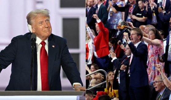 Former President Donald Trump, left, reacts as the crowd at the Republican National Convention, right, chants during his speech in Milwaukee, Wisconsin, on Thursday.