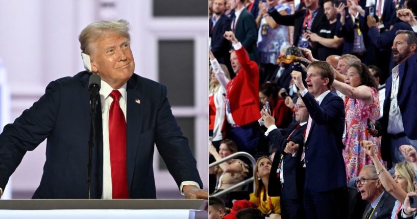 Former President Donald Trump, left, reacts as the crowd at the Republican National Convention, right, chants during his speech in Milwaukee, Wisconsin, on Thursday.