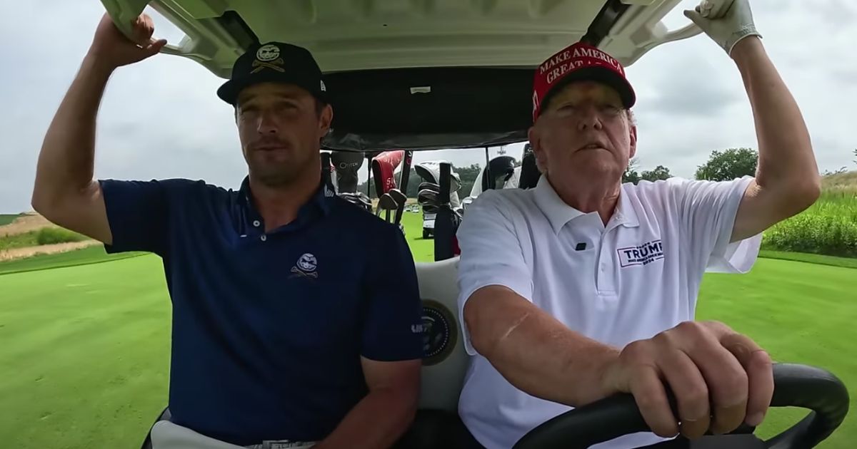 Former President Donald Trump, right, played a round of golf with Bryson DeChambeau, left, at Trump National Golf Club Bedminster in New Jersey for his “Break 50” challenge on YouTube, which was released on Tuesday.
