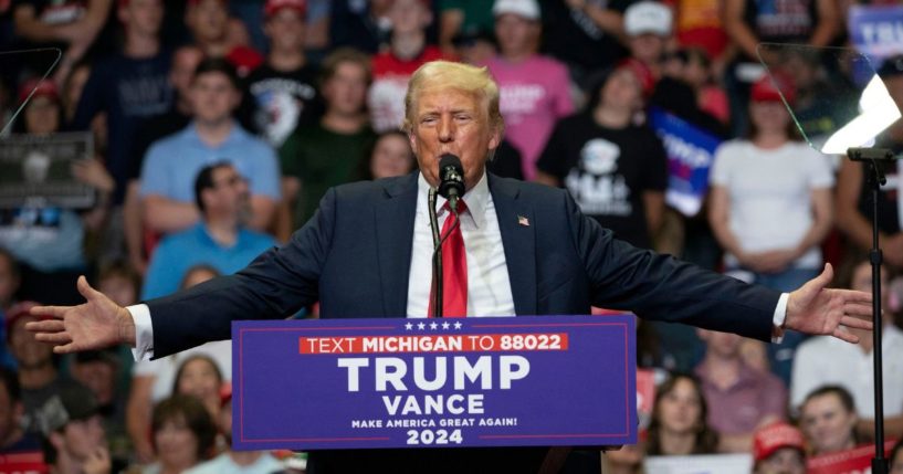 Republican presidential nominee and former President Donald Trump speaks during a campaign rally at the Van Andel Arena in Grand Rapids, Michigan, on Saturday.